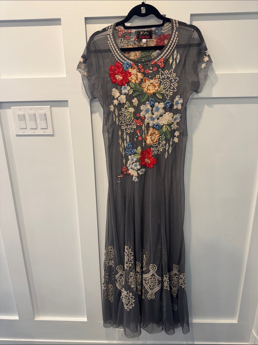 BIYA Johnny Was Embroidered Sheer Maxi Dress - Gray with Multicolor Floral Large